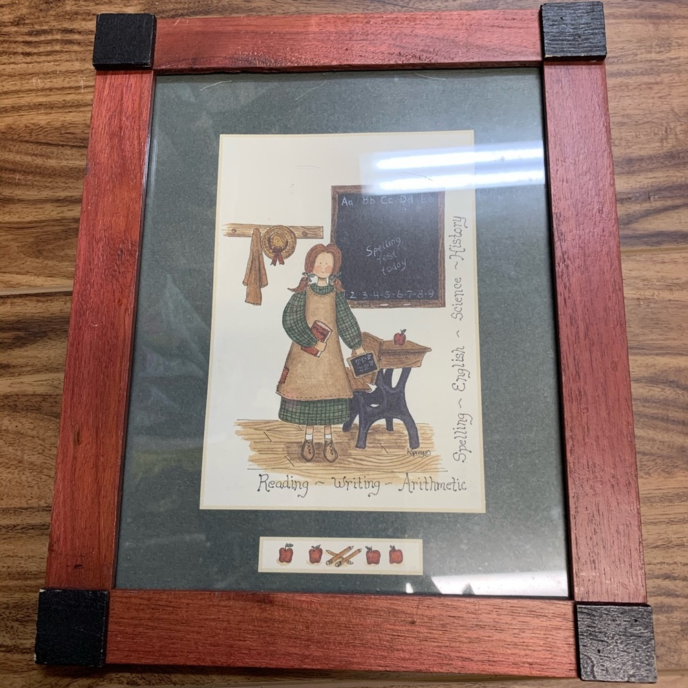 Framed school girl picture, Spelling test today